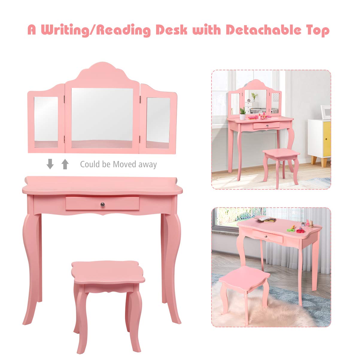 Costzon Kids Wooden Vanity Table & Stool Set, 2 in 1 Detachable Design with Dressing Table and Writing Desk (Pink)