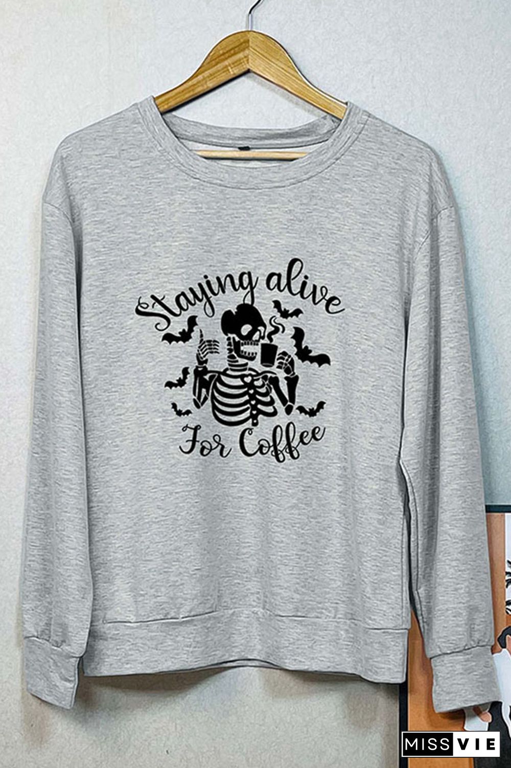 Staying Alive For Coffee Halloween Print O-neck Long Sleeve Sweatshirts Women Wholesale