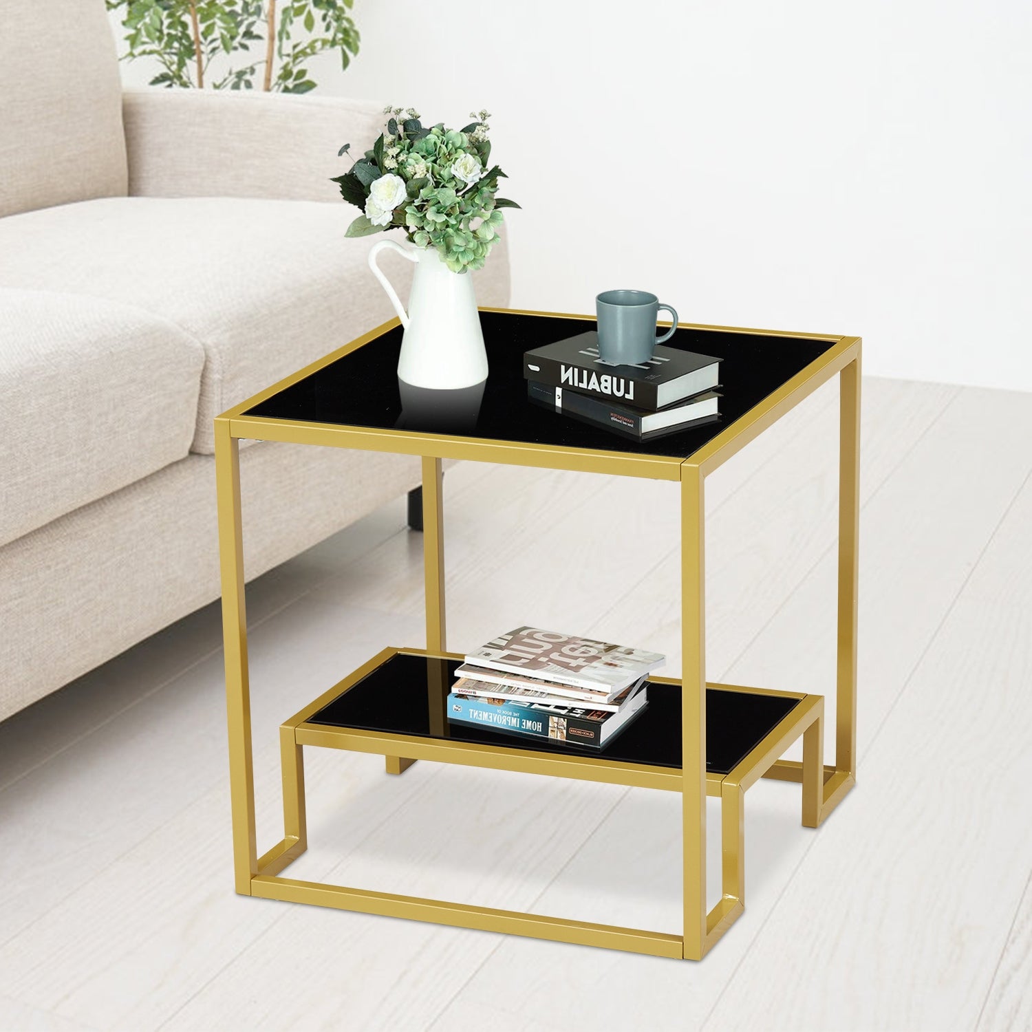 Kinbor Modern Glass End Table， Square Side Table w/ Open Storage Shelf， Tempered Glass Top， Small End Tables for Living Room