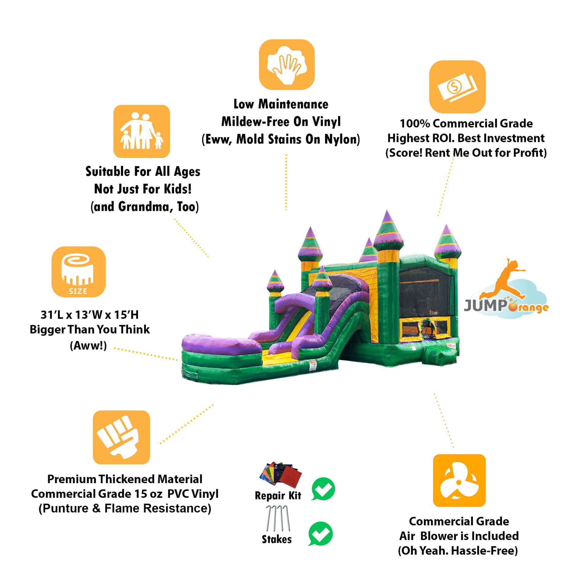 JumpOrange Castle Commercial Grade Bounce House Combo with Dual Slide and Splash Pool, for Adults and Kids, Wet Dry Use, Includes Blower, Inflatable Water Slide