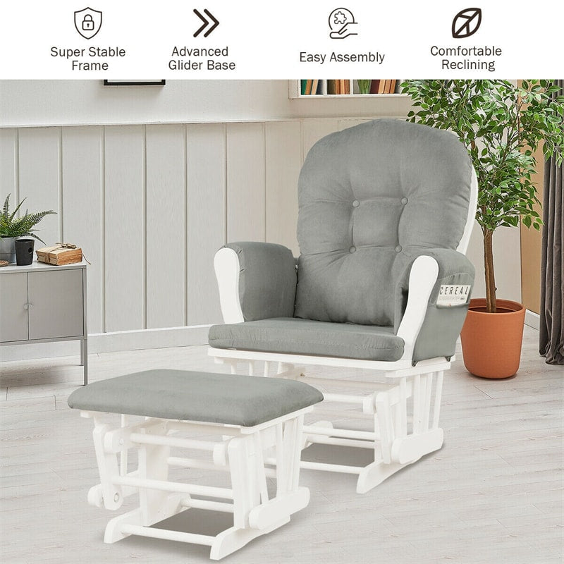 Wood Baby Glider Rocking Chair Nursery Chair with Gliding Ottoman & Storage Pocket