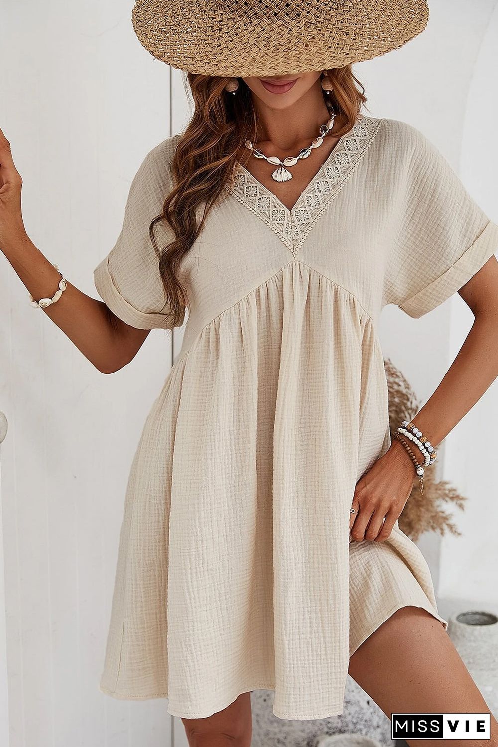 Folded Short Sleeve Lace V Neck Mini Dress