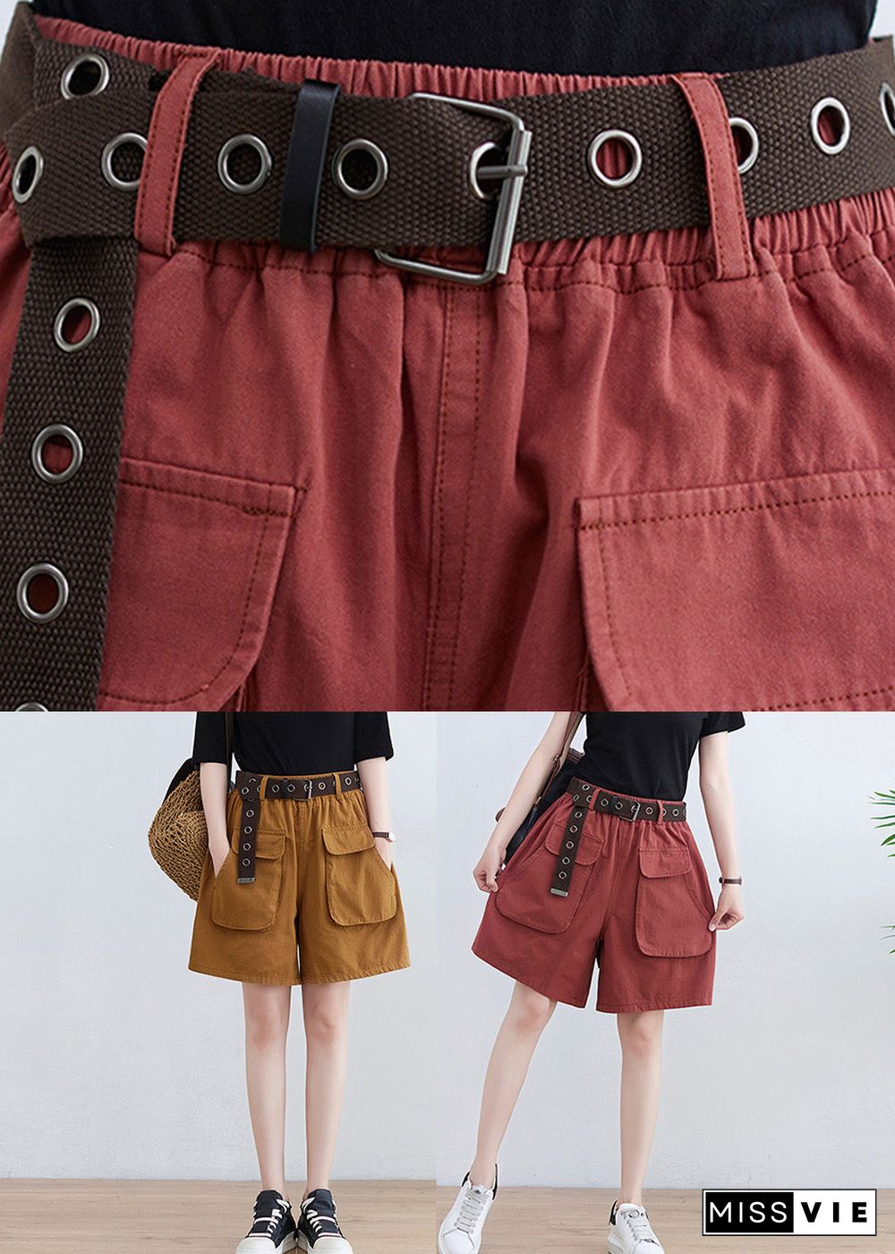 Red Pockets Elastic Waist Wide Leg Shorts