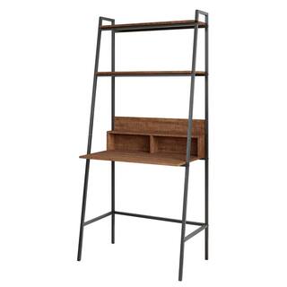 Vifah District 71 in. Walnut Wood 2 Shelf Ladder Bookcase with Desk V827