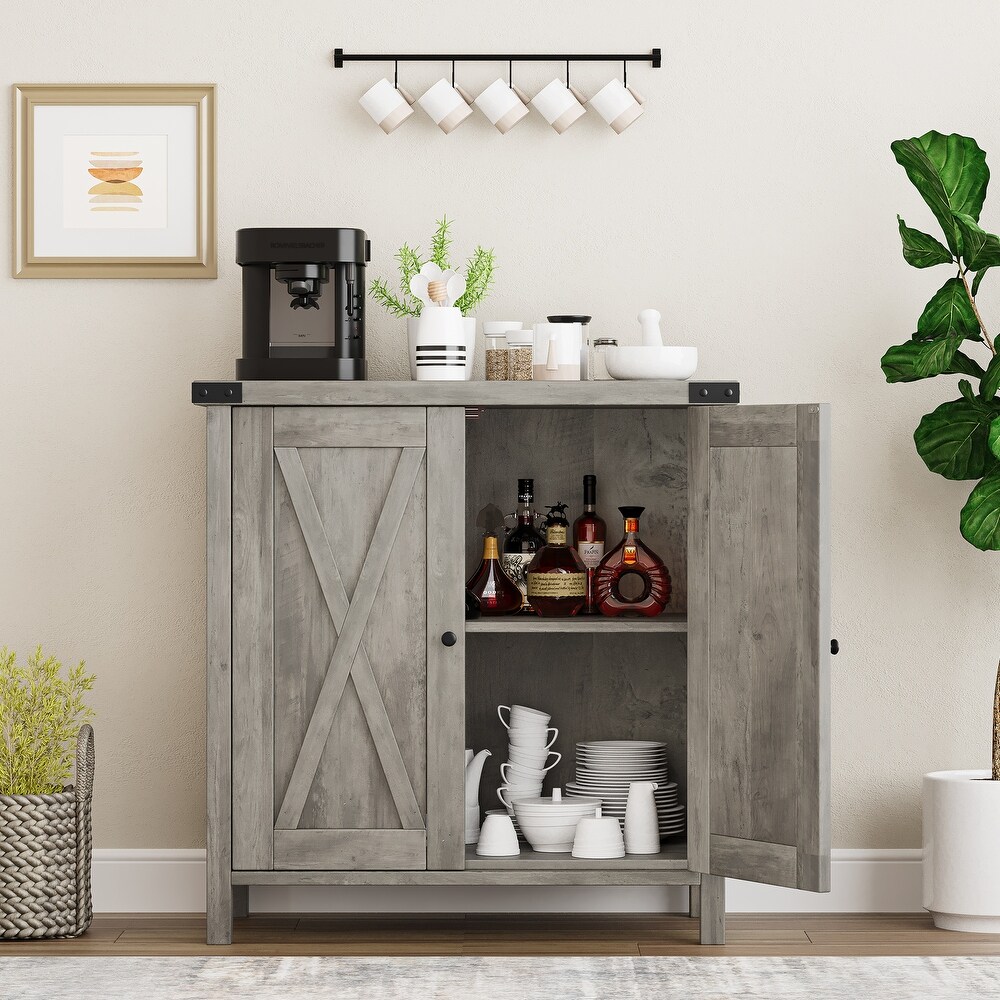 Storage Cabinet with Shelves and 2 Doors Wood Coffee Bar