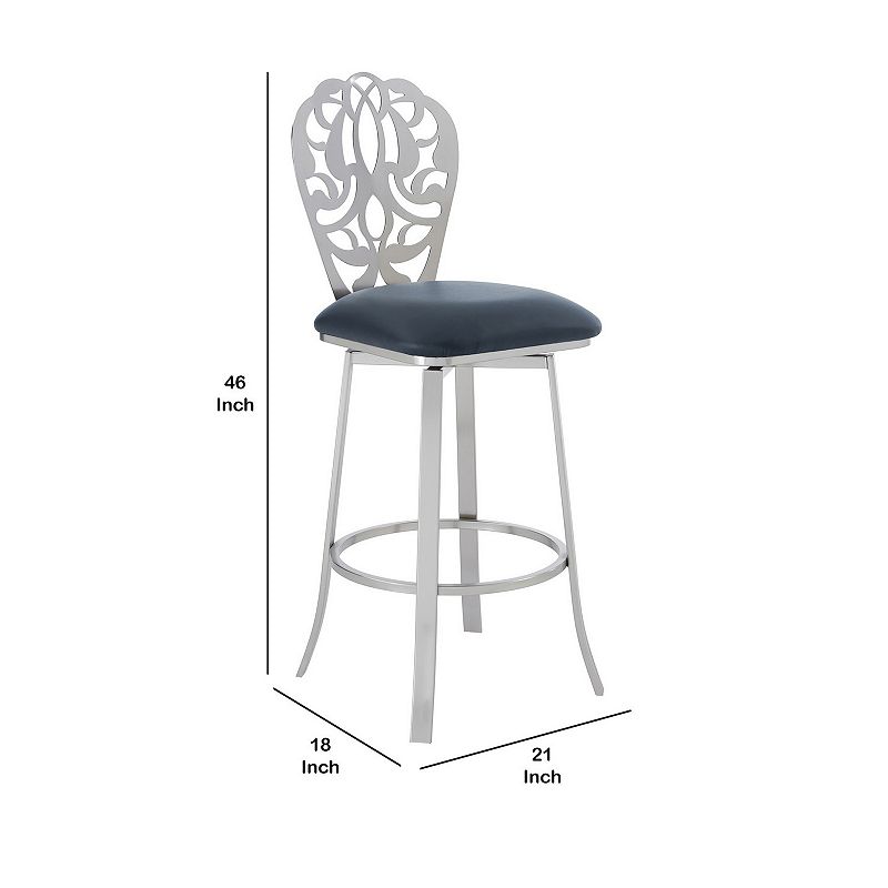 30 Inches Leatherette Barstool with Ornate Cut Out， Gray