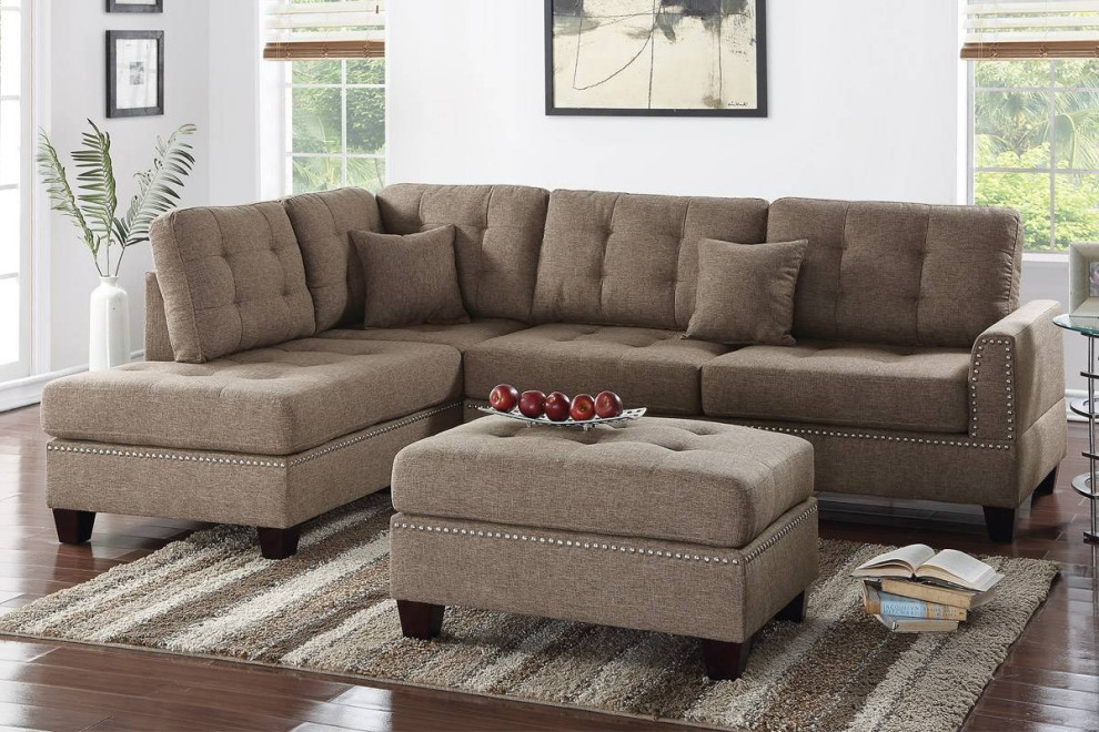 Albi 3 Piece Upholstered Sectional Set With Ottoman  Coffee Polyfiber   Transitional   Sectional Sofas   by Hollywood Decor  Houzz