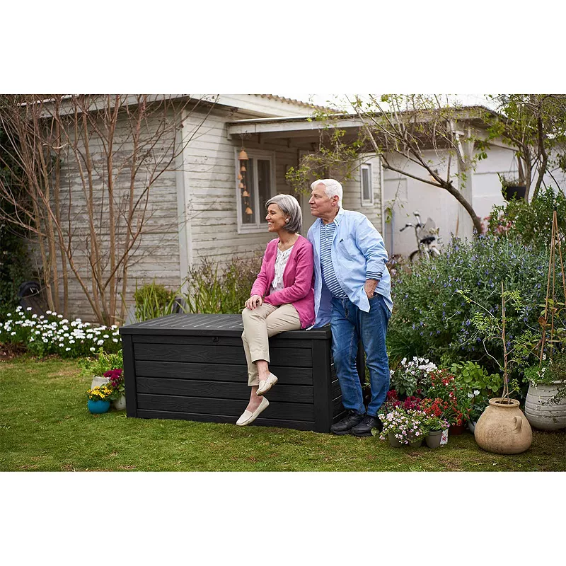 Keter Westwood 150 Gallon Plastic Outdoor Furniture Storage Deck Box， Dark Gray