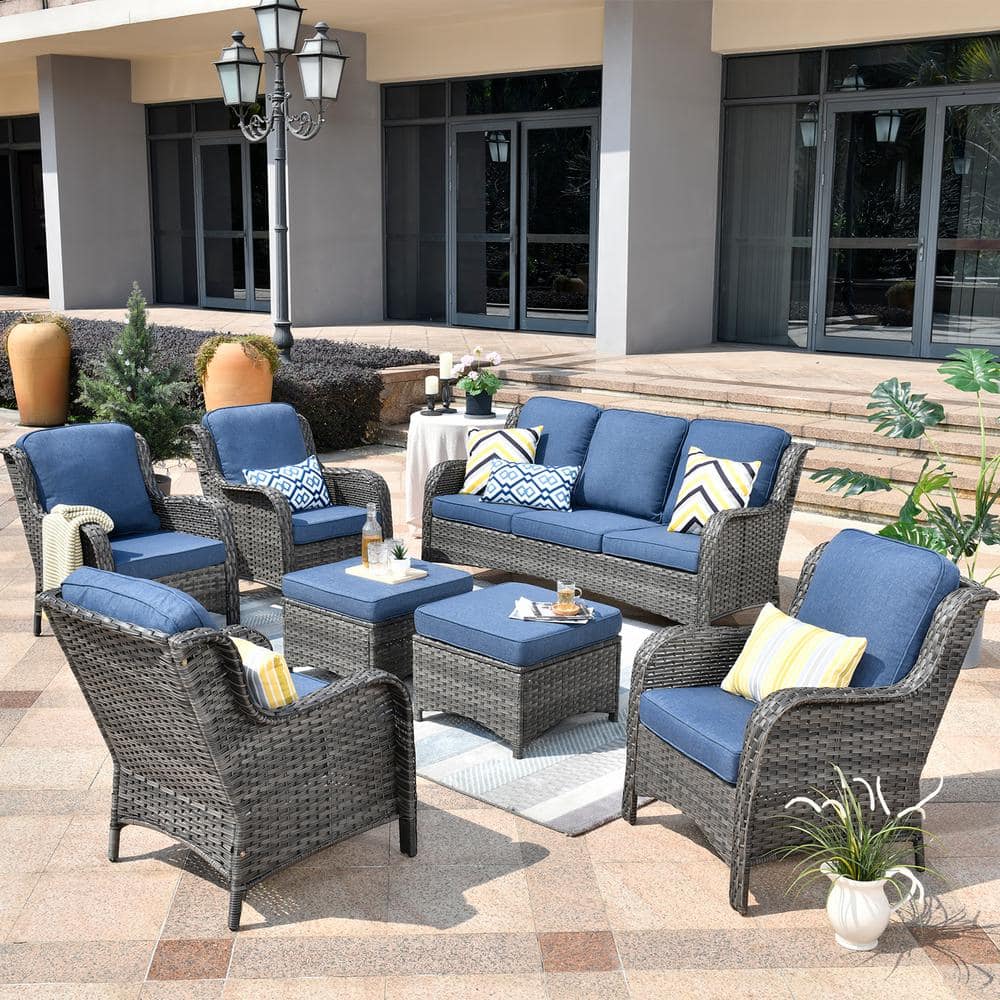 XIZZI Erie Lake Gray 7-Piece Wicker Outdoor Patio Conversation Seating Sofa Set with Denim Blue Cushions ZGNTC307DB