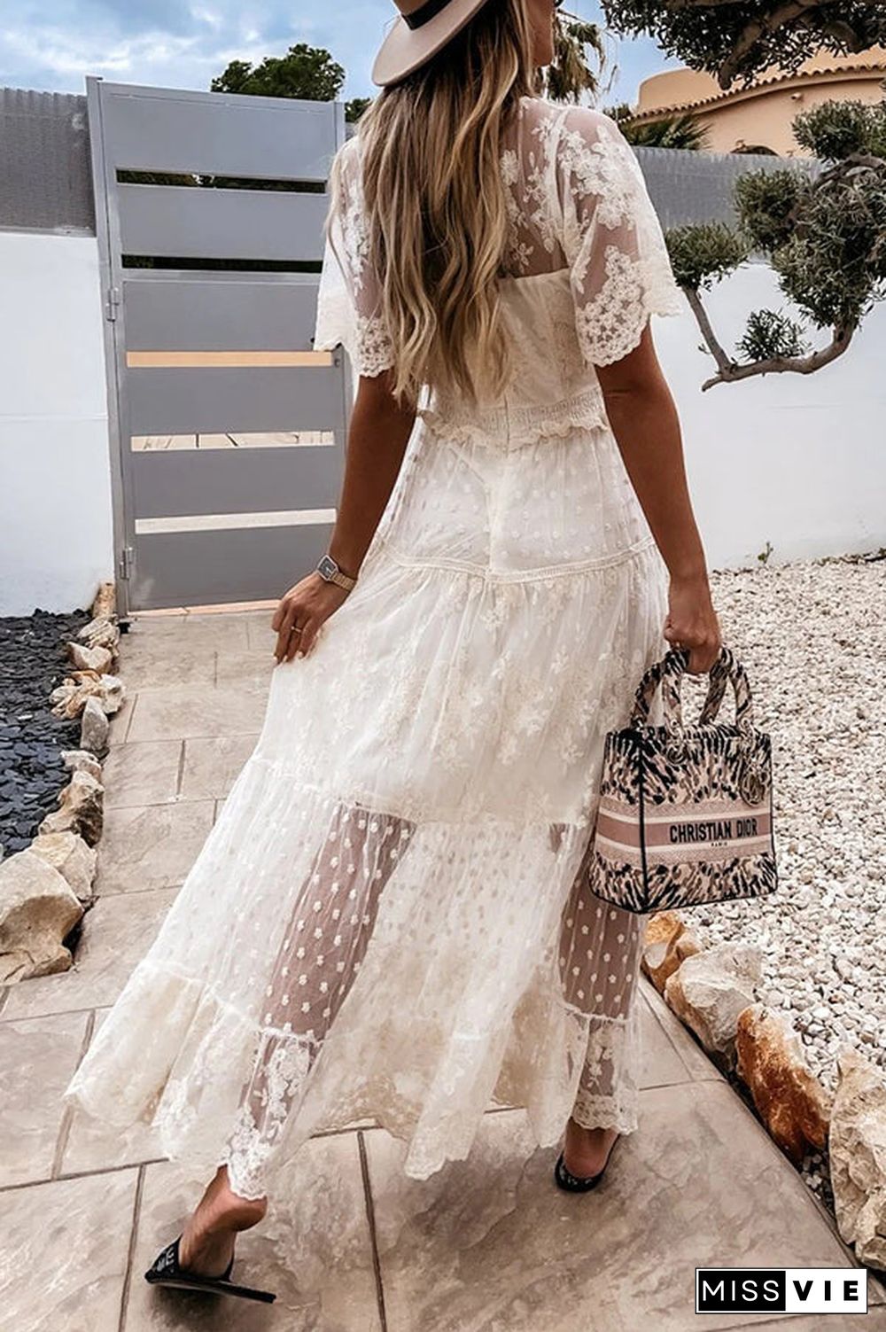 Button Lace V Neck Short Sleeve Maxi Dress