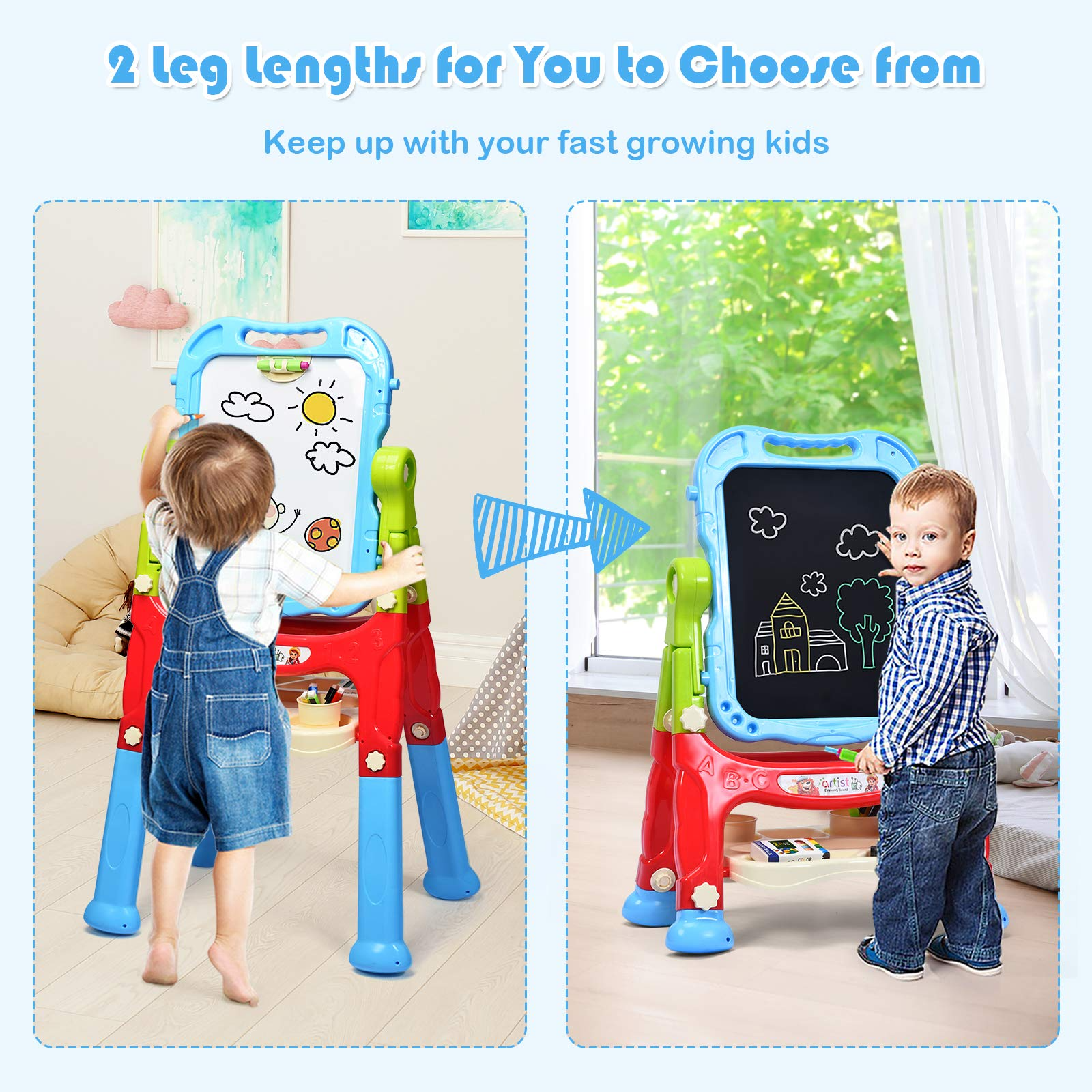 Costzon Art Easel for Kids, Height Adjustable 360 Rotate Double Sided Standing Art Drawing Board w/Chalkboard & Whiteboard