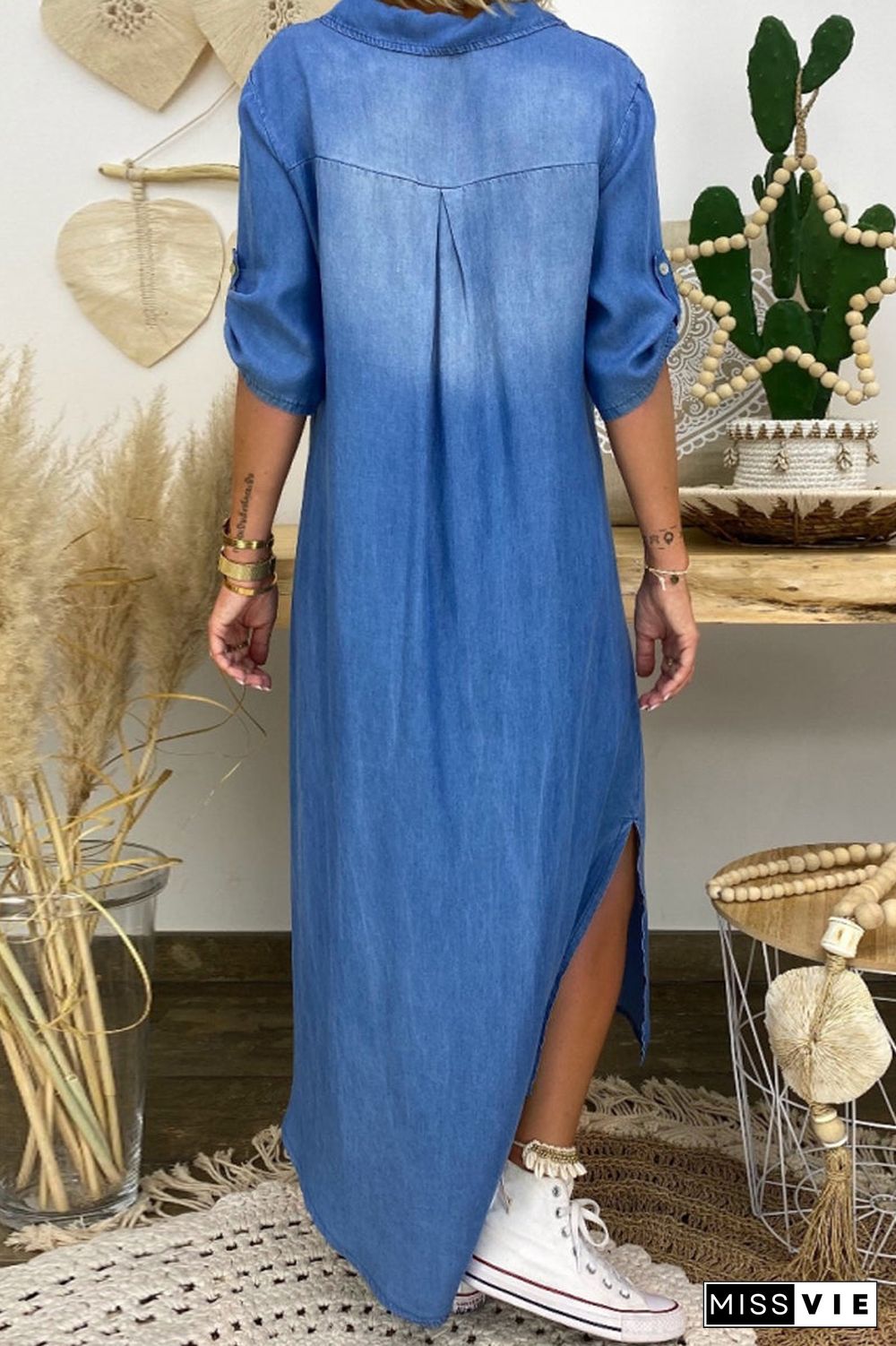 Plus Size Denim Split Neck Side Slit Maxi Dress