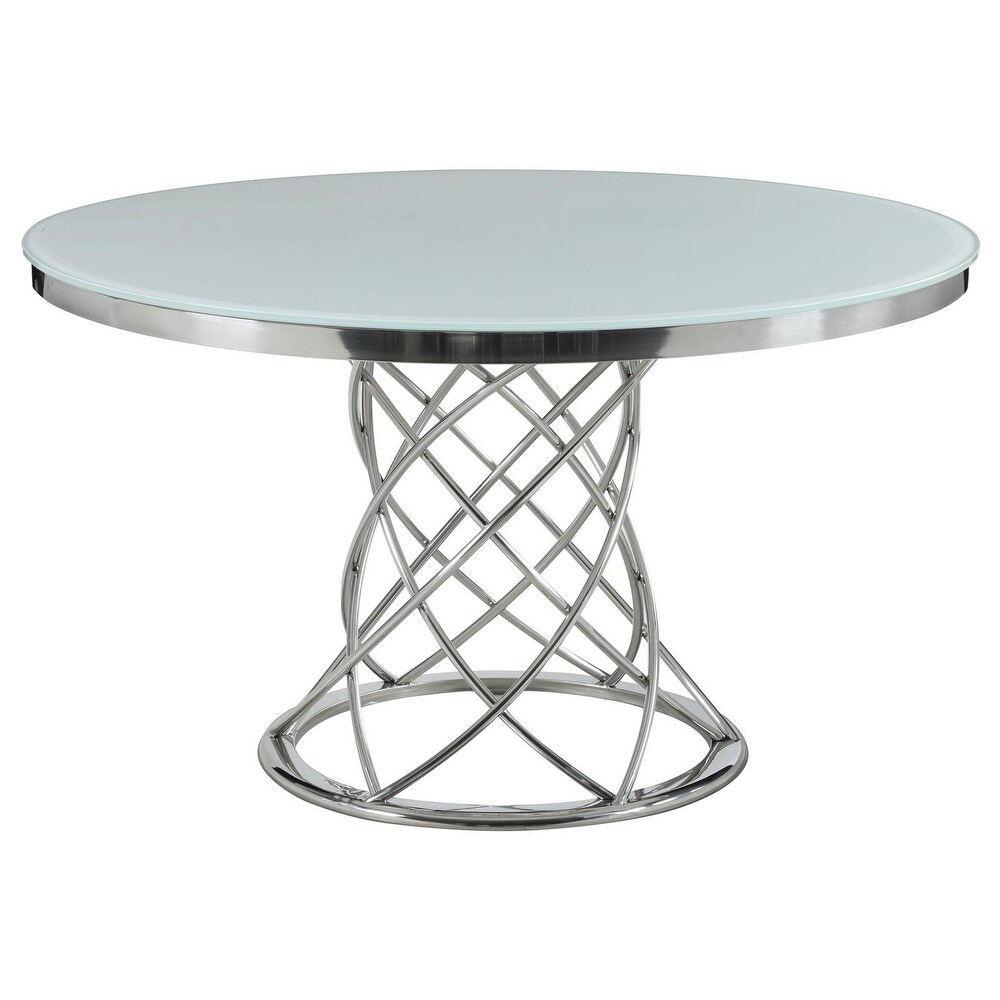 51 Inch Dining Table  Geometric Metal Base  Round Glass Top  White  Silver