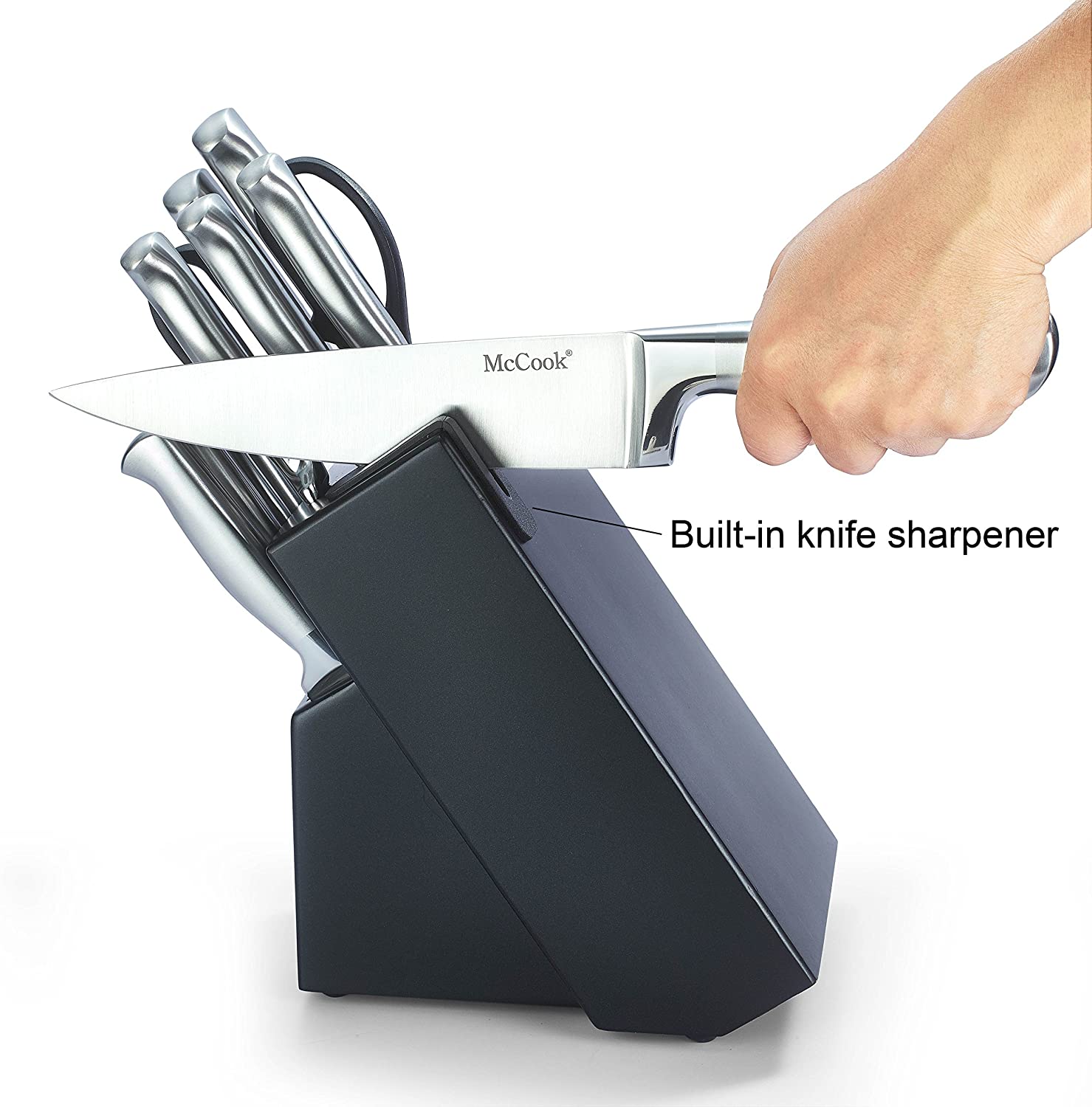 McCook® MC21 Knife Sets，15 Pieces German Stainless Steel Knife Block Sets with Built-in Sharpener