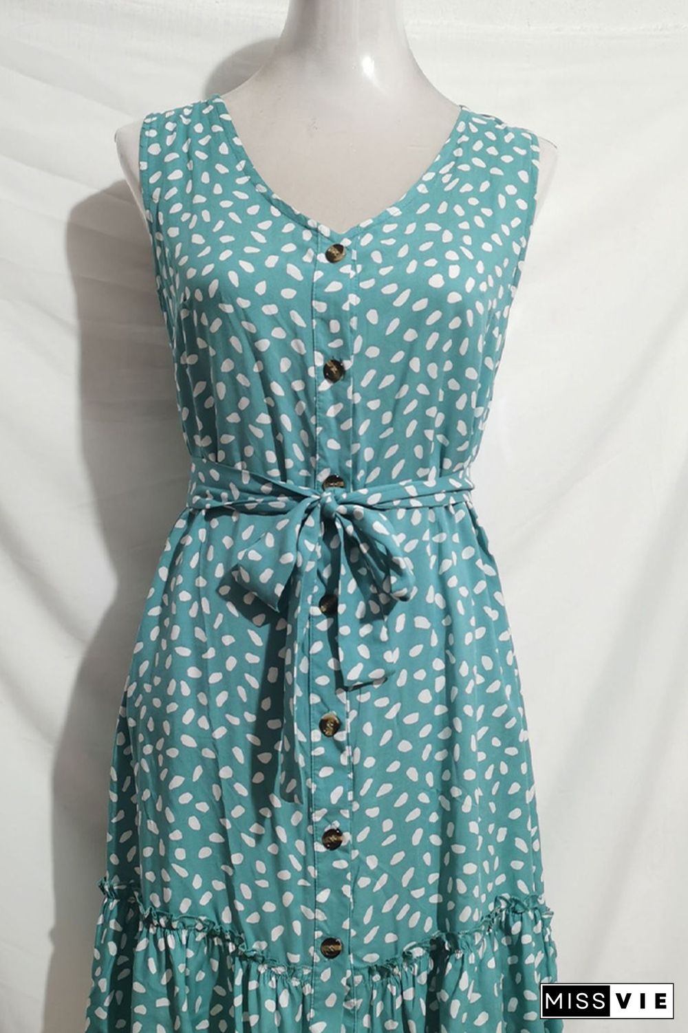 V Neck Buttoned Printed Sleeveless Dress With Sash