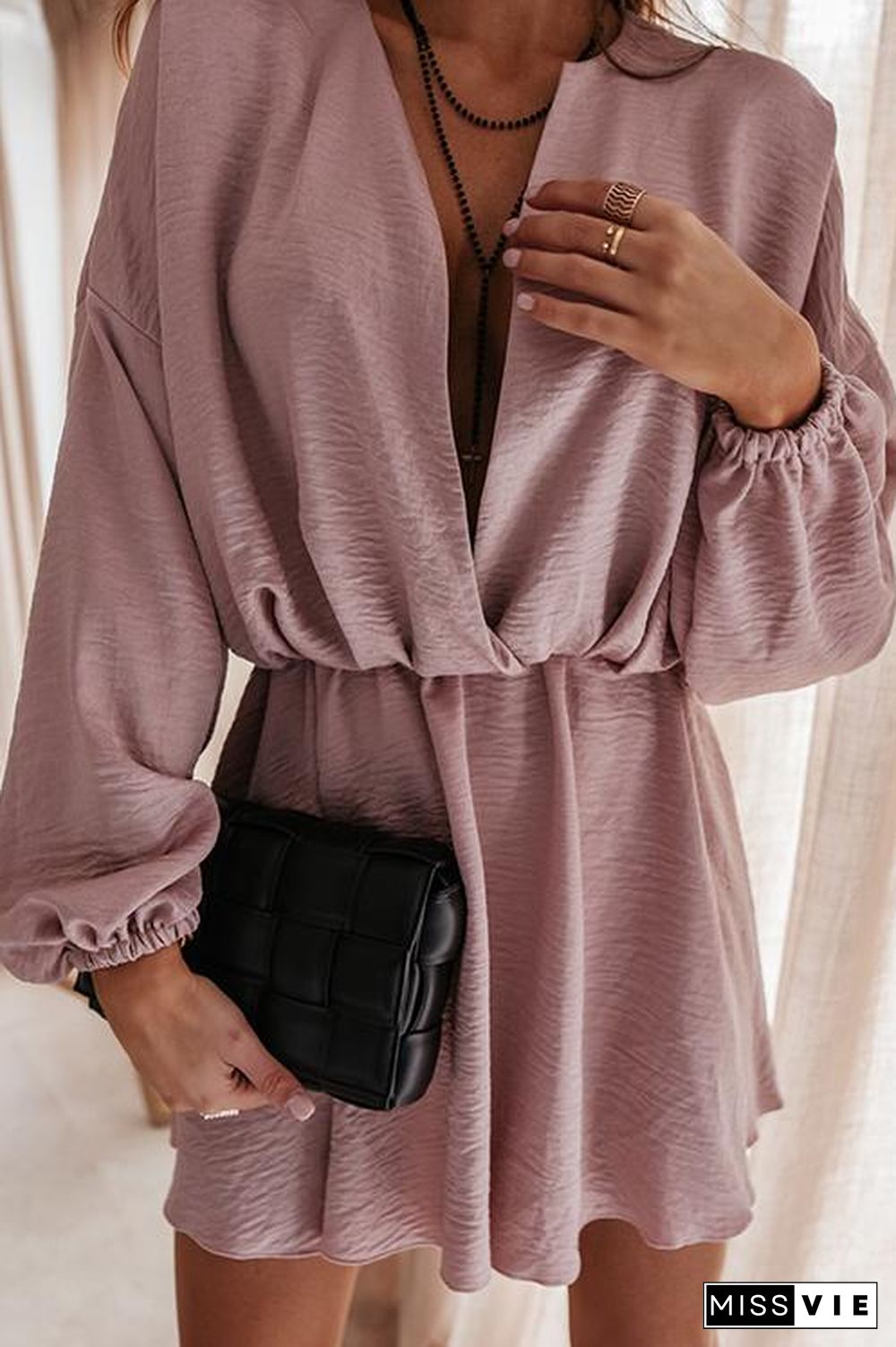 V Neck Loose Long Sleeve Mini Dress