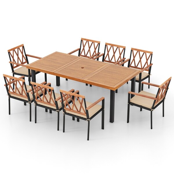 Gymax 9 PCS Patio Dining Set Acacia Wood Table w/ Soft Cushions and