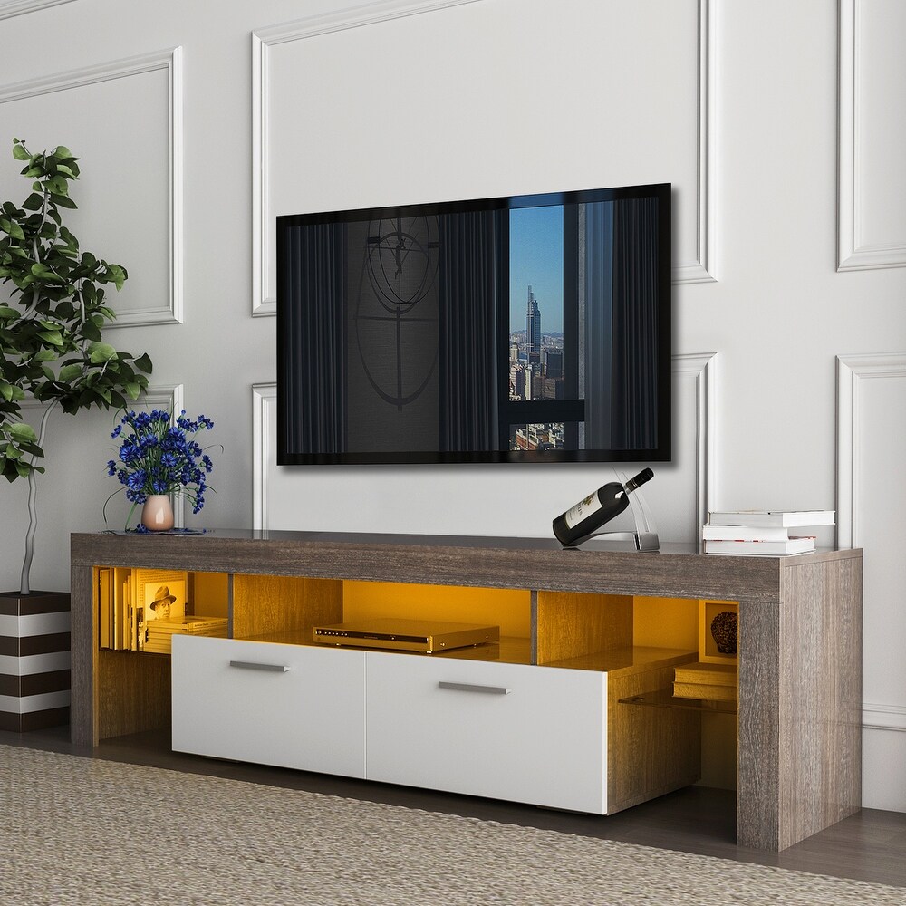 Modern TV Cabinet with 16 Color LED Backlights and Large Storage Drawers for up to 70 Inch TVs