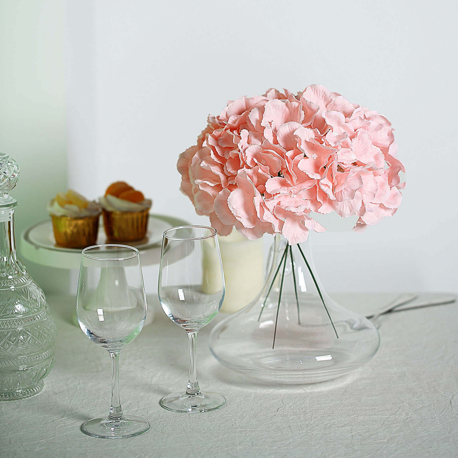 10 Flower Head and Stems Blush Artificial Satin Hydrangeas, DIY Arrangement