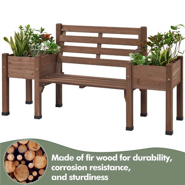 Yaheetech 2 In 1 Outdoor Solid Wood Double bench For Patio Backyard Brown