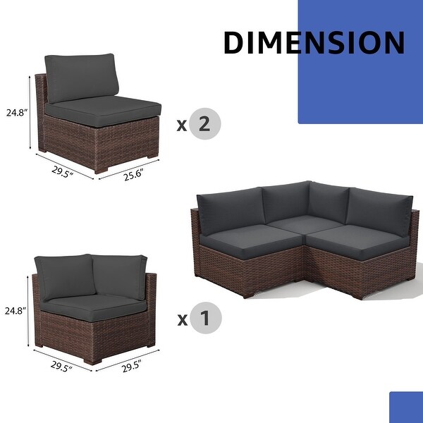 Outdoor 3 pcs Wicker Sectional Corner Sofa and Armless Sofa