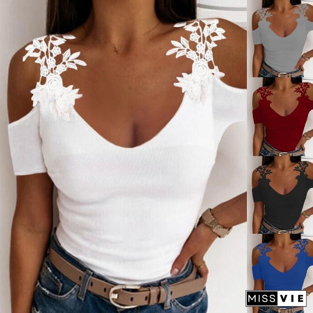 Women Fashion Plus Size Solid Color Lace Cold Shoulder Tops Casual Slim Fit Short Sleeves Shirt Deep V Neck Summer Tops