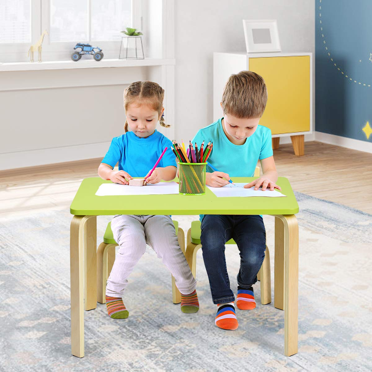 Costzon Kids Table and Chair Set, Wood Table and Chairs for Toddlers Reading, 3 Piece Furniture