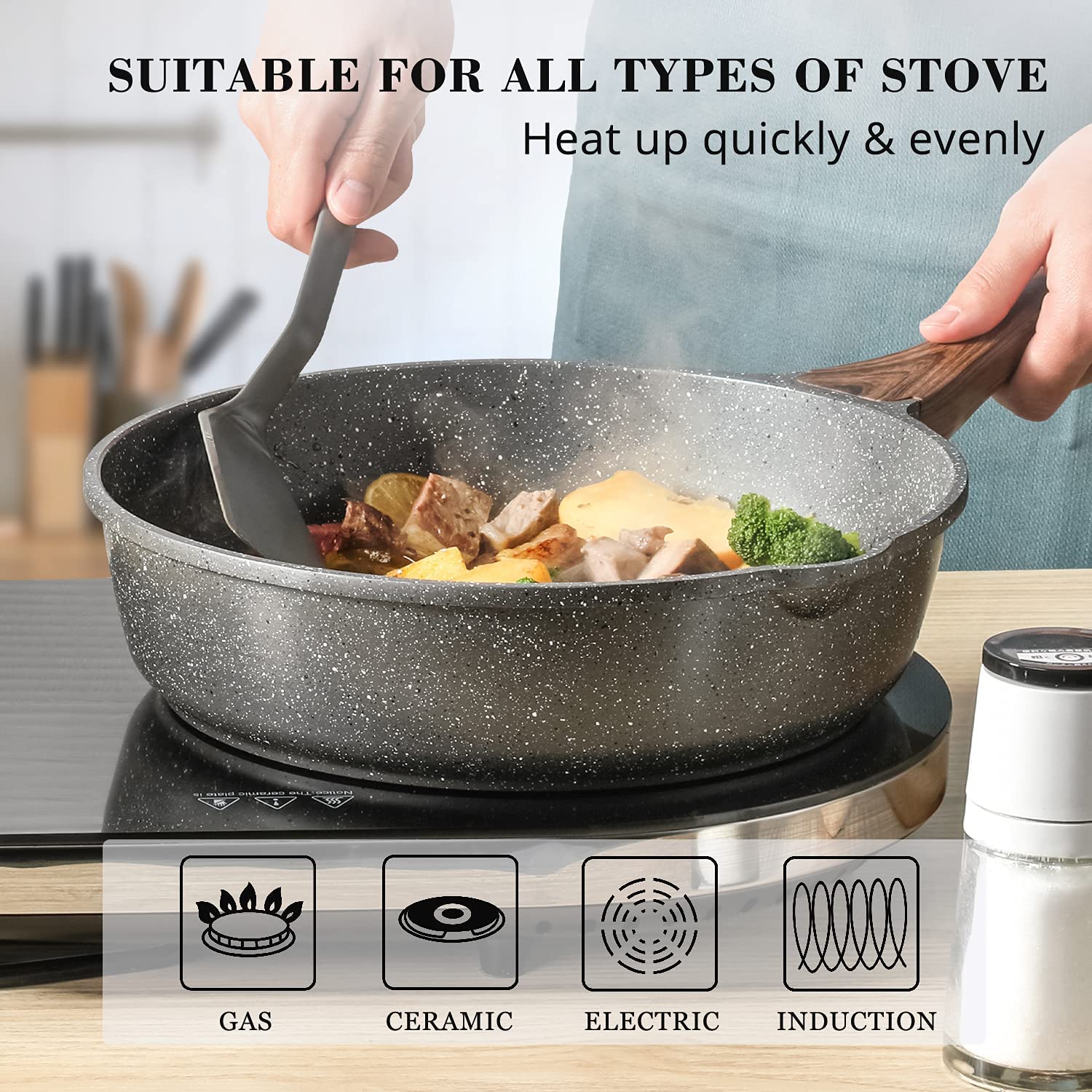 SENSARTE Nonstick Deep Frying Pan Skillet， 10-inch Saute Pan with Lid， Stay-cool Handle， Chef Pan Healthy Stone Cookware Cooking Pan， Induction Compatible， PFOA Free