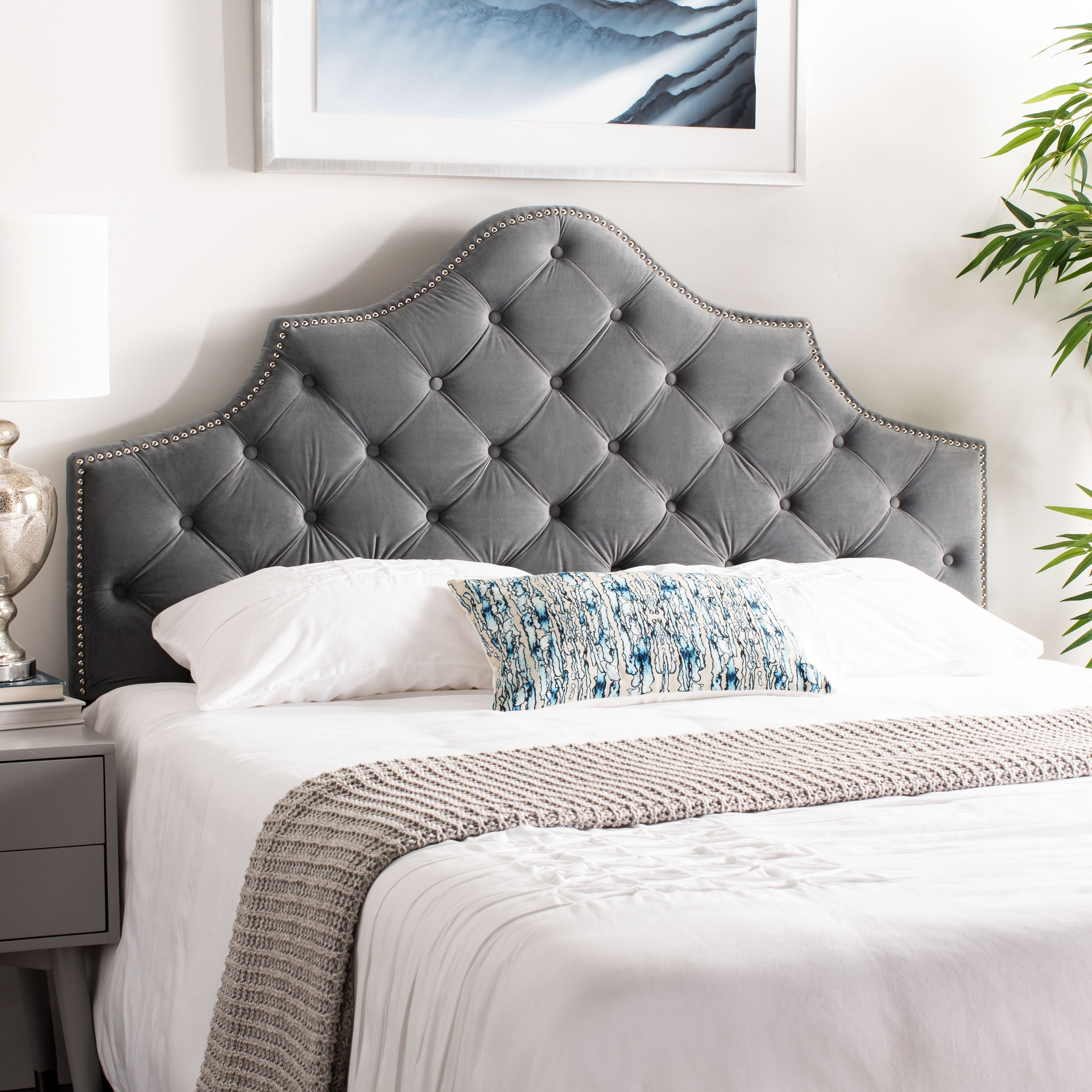 SAFAVIEH Arebelle Pewter Velvet Upholstered Tufted Headboard - Silver Nailhead (Queen) - - 11551748