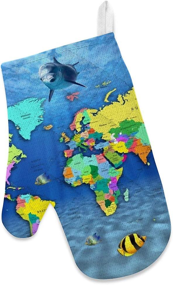 Insulation Kitchen Oven Mitts Potholder Apron 3pcs Set Dolphins World Map Non Slip Heat Resistant Gloves For Baking Cooking Bbq