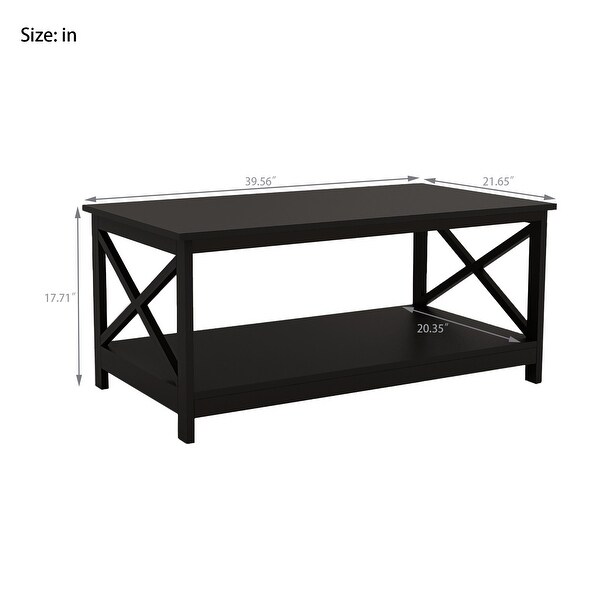 Coffee Table 39.56 in. L， X leg End Table with Bottom Shelf， Black