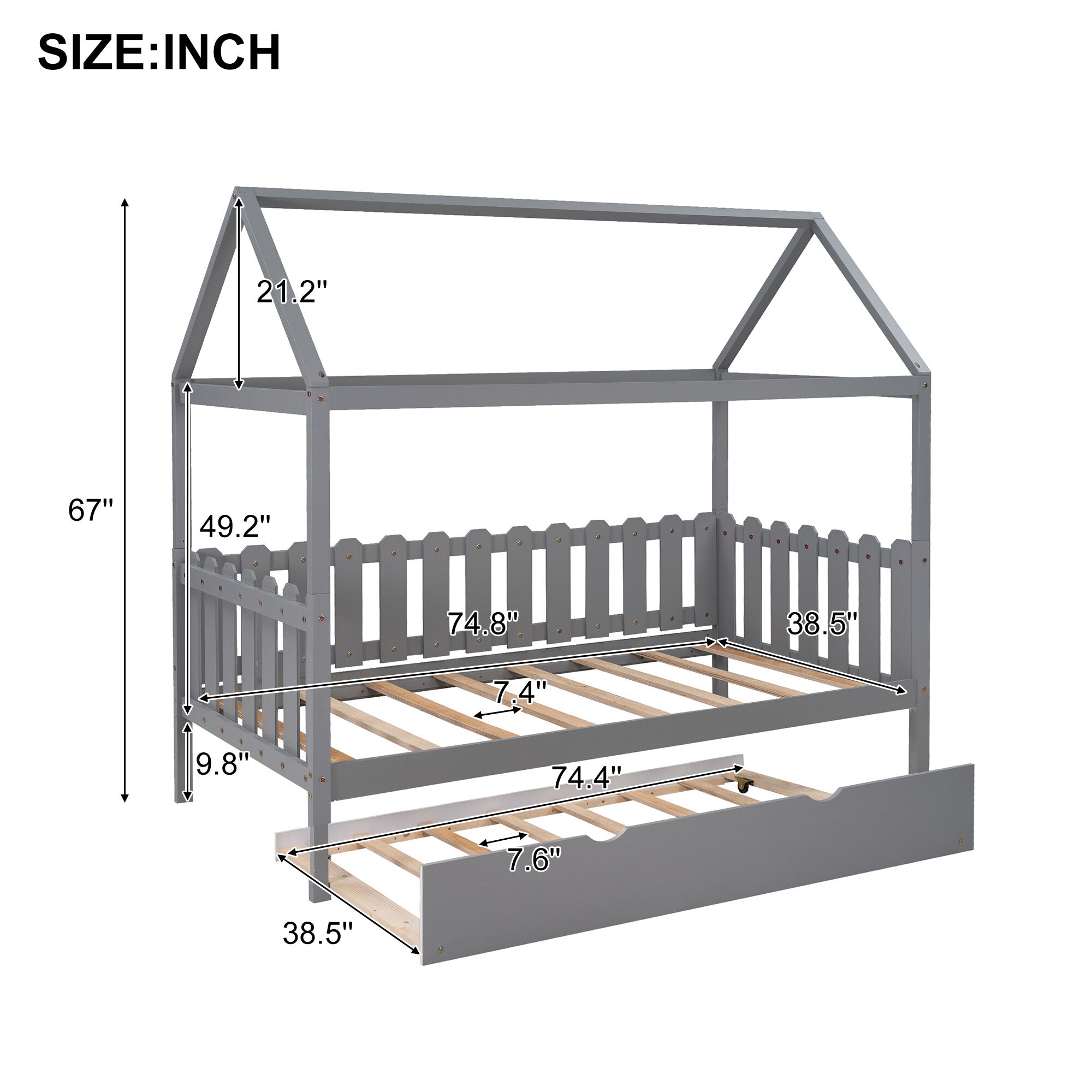 OVERDRIVE Twin Size House Bed Toddler for Kids Wood Frame with Trundle, Fence-Shaped Guardrail, Gray