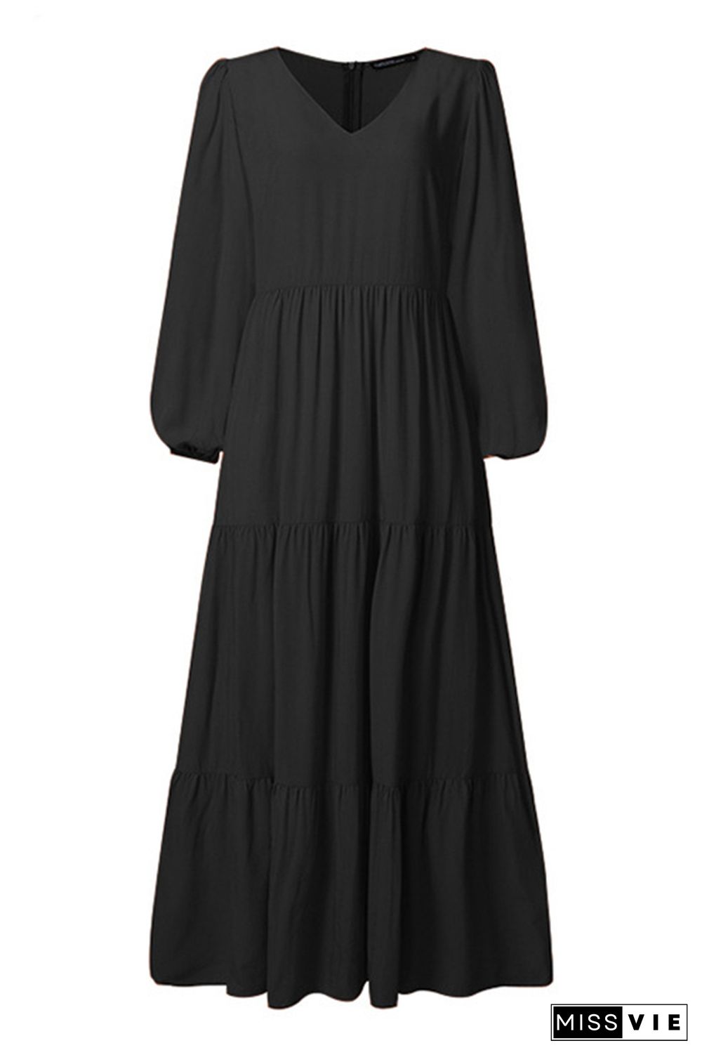 V Neck Puff Sleeves Tiered Maxi Dress