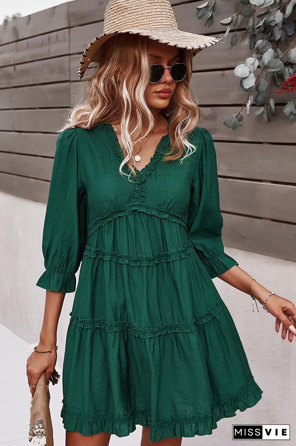 Dark Green Short Mini A-Line V-Neck Dress