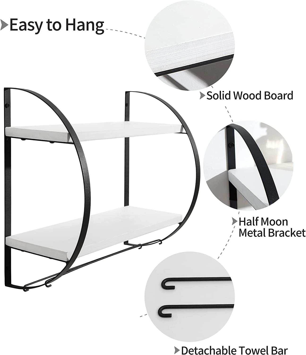 Afuly Floating Shelves with Towel Bar, 2 Tier Storage Shelf  Wall Mounted, Black and White Shelves