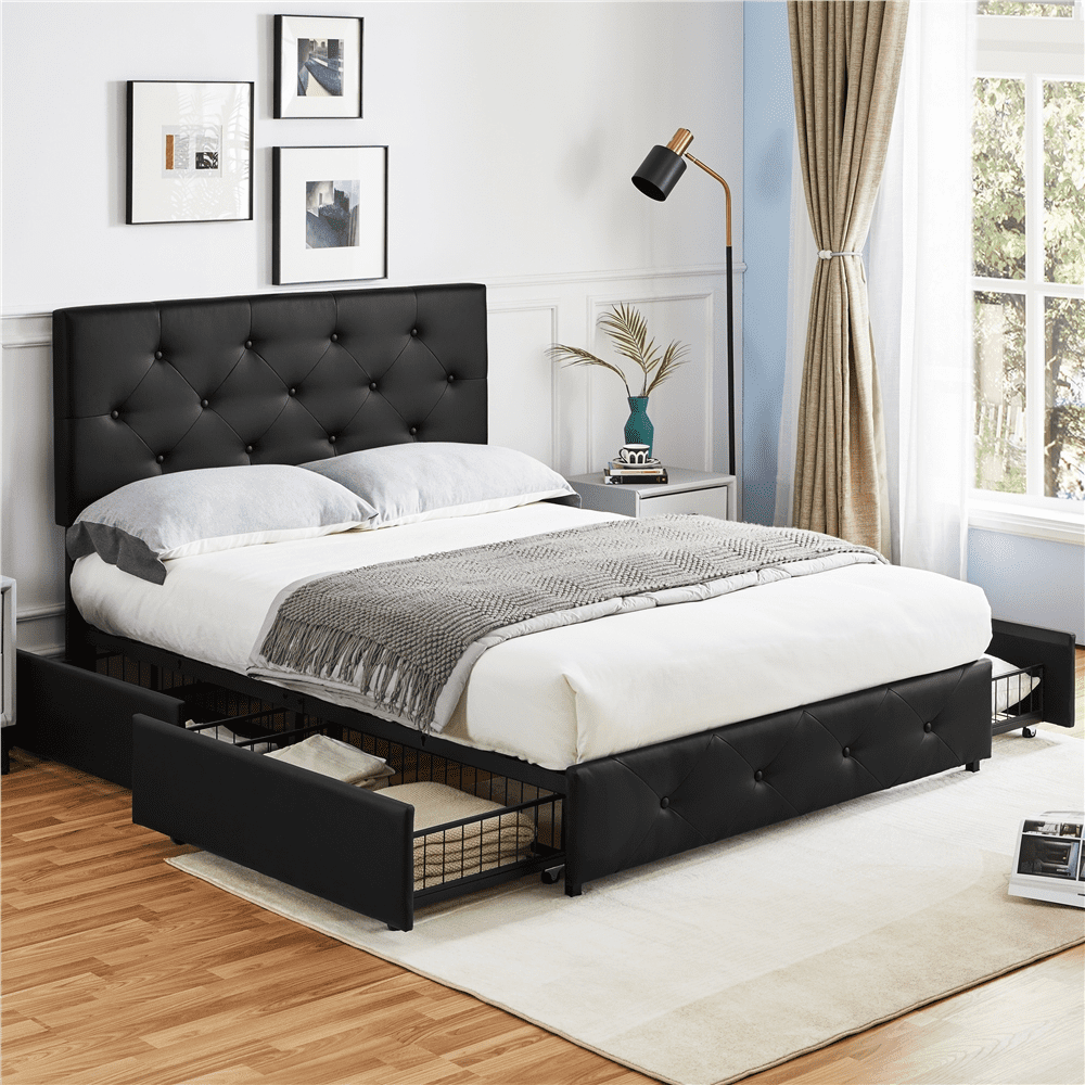 Topeakmart Full Size Upholstered Platform Bed Mattress Foundation with 4 Drawers Storage, Black