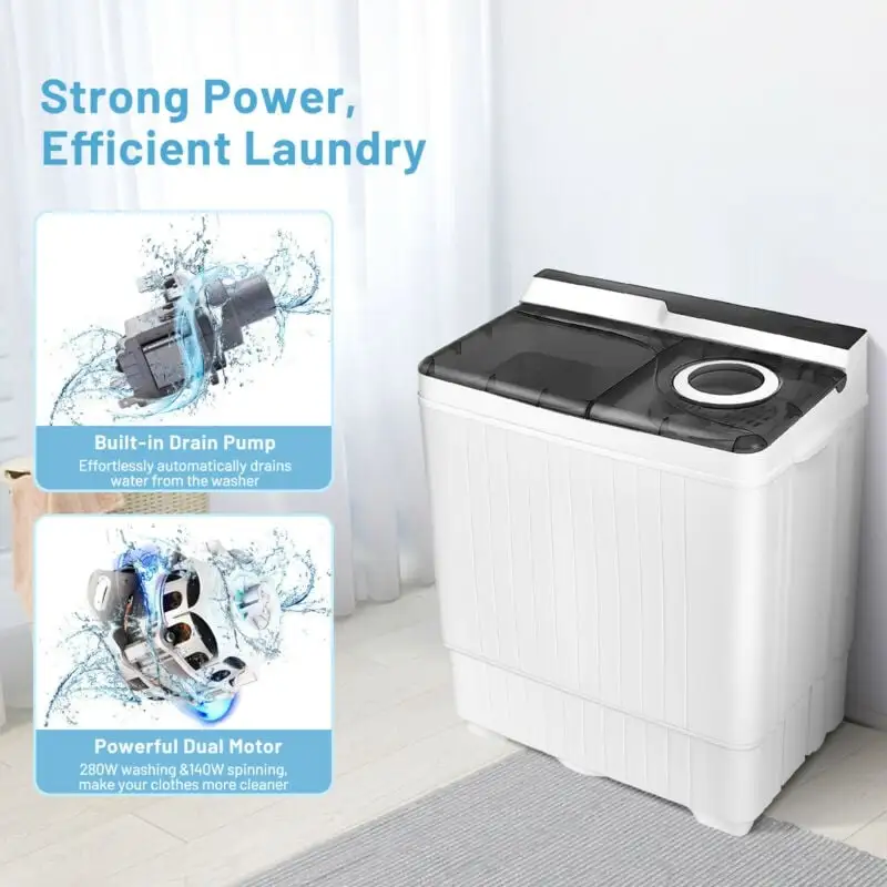 26lbs Portable Semi-automatic Washing Machine with Built-in Drain Pump Twin Tub Washer Spinner Combo