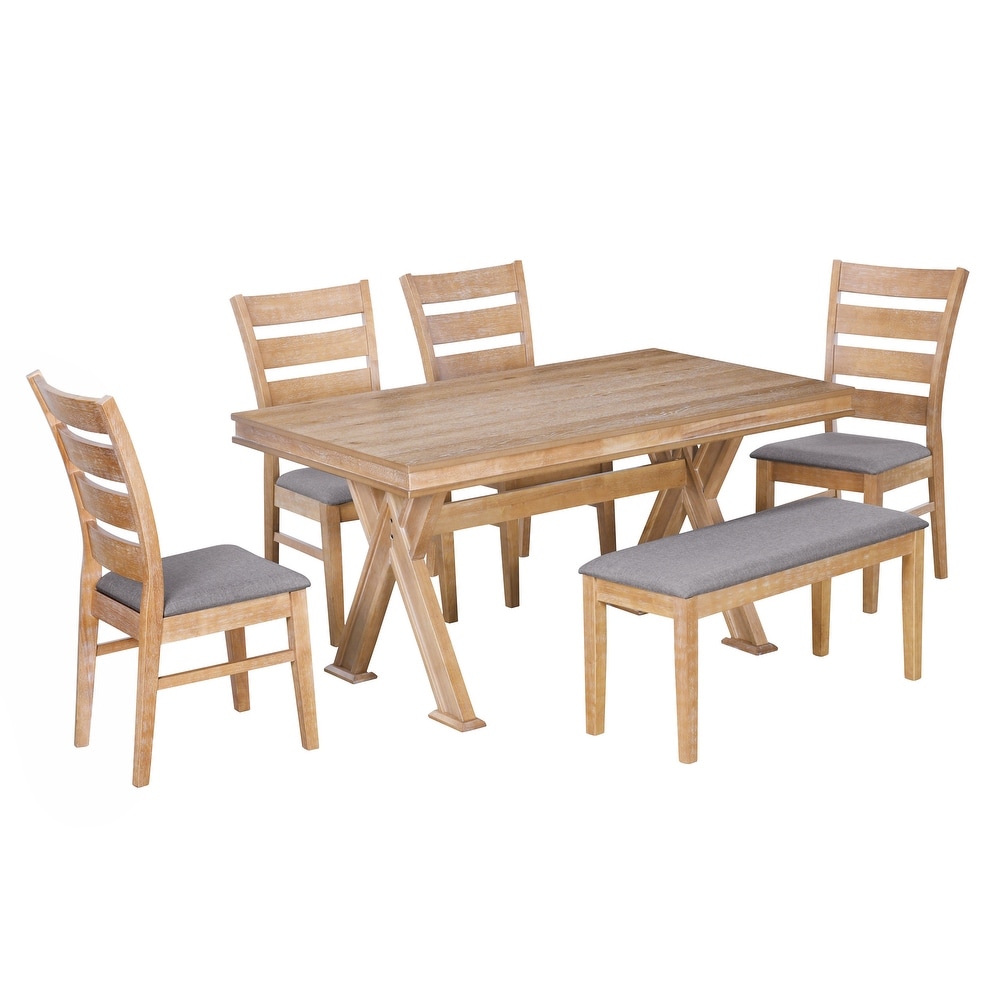 6 Piece Rectangular Dining Table Set  Table with Unique Legs and 4 Chairs   1 Bench