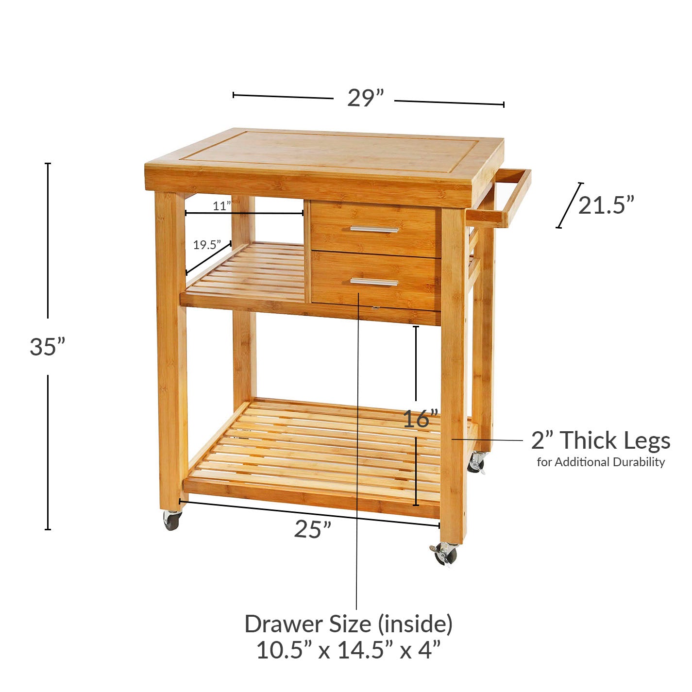 Home Aesthetics Rolling Bamboo Kitchen Island Cart Food Prep Trolley， with Towel