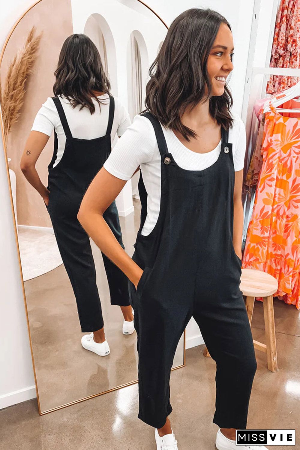 Button Straps Pocketed Cropped Jumpsuit