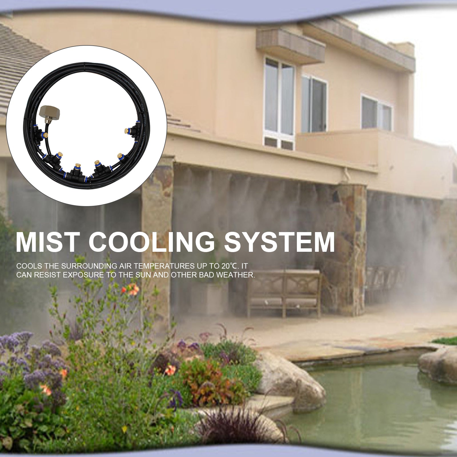 Mist Cooling System Adjustable DIY Irrigation Outdoor Sprinkler Hose Kit 20FT Misting Line with 6 Mist Nozzles for Greenhouse Plant Patio Garden Umbrellas