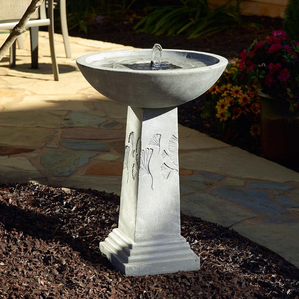 Smart Solar Ginkgo Weathered Stone Solar Fountain Birdbath 42601M01