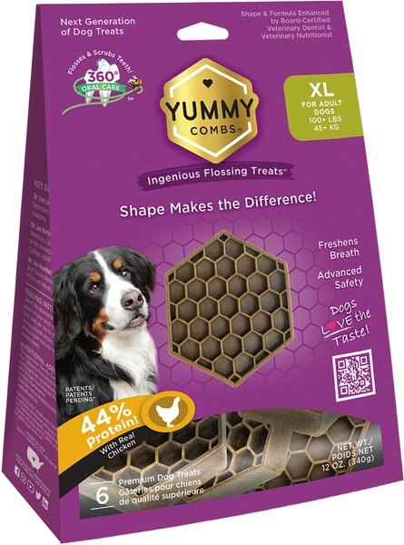 Yummy Combs Ingenious Oral Care Flossing X-Large Breed Grain-Free Adult Dog Treats， 6 count