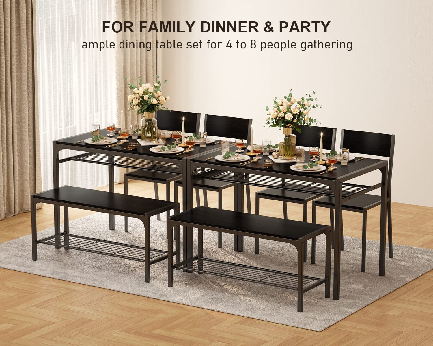 Aiho 4 Piece Kitchen Table with 2 Chairs and Bench for Dining Room, Black