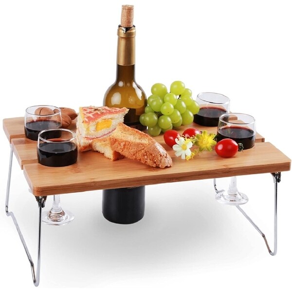 Portable Bamboo Wine Picnic Table Tray