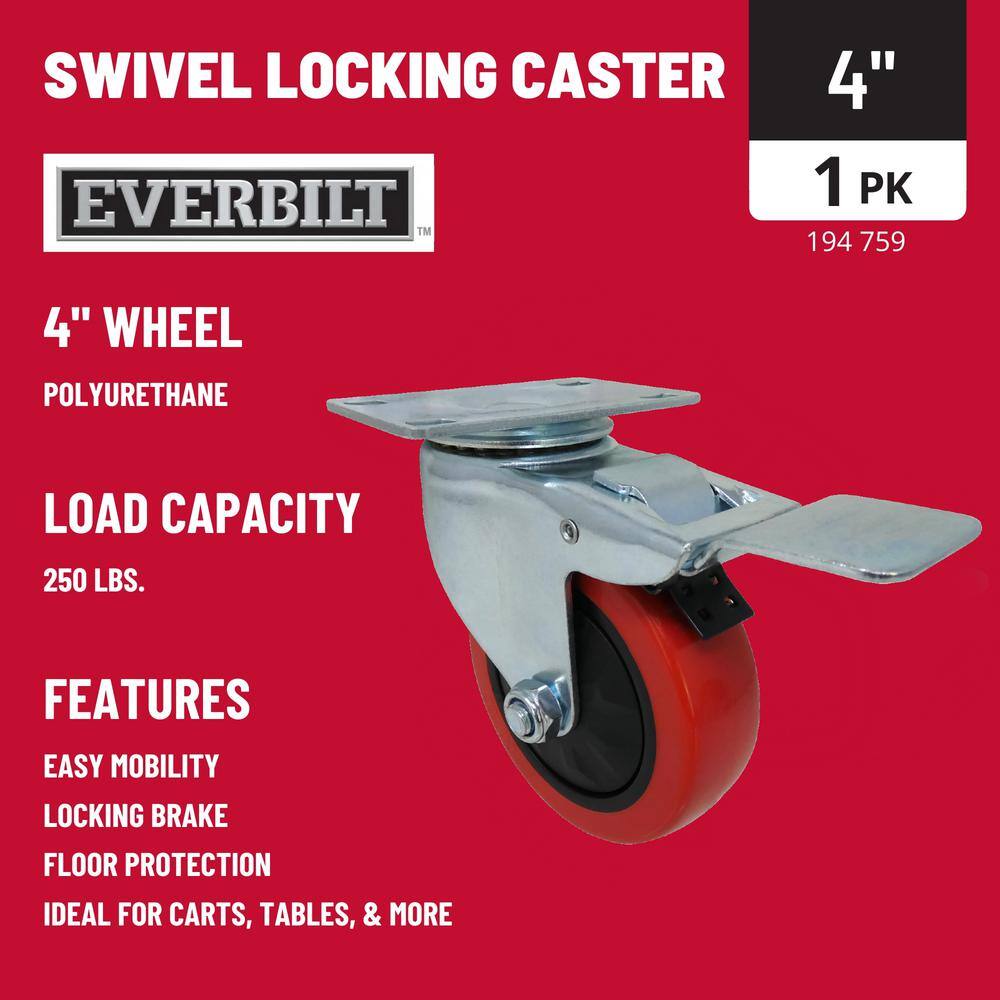 Everbilt 4 in. Red Polyurethane and Steel Swivel Plate Caster with Locking Brake and 250 lbs. Load Rating 4120745EB