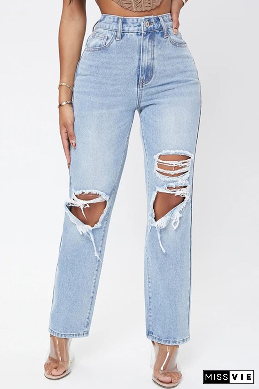 High Waist Washed Ripped Jeans