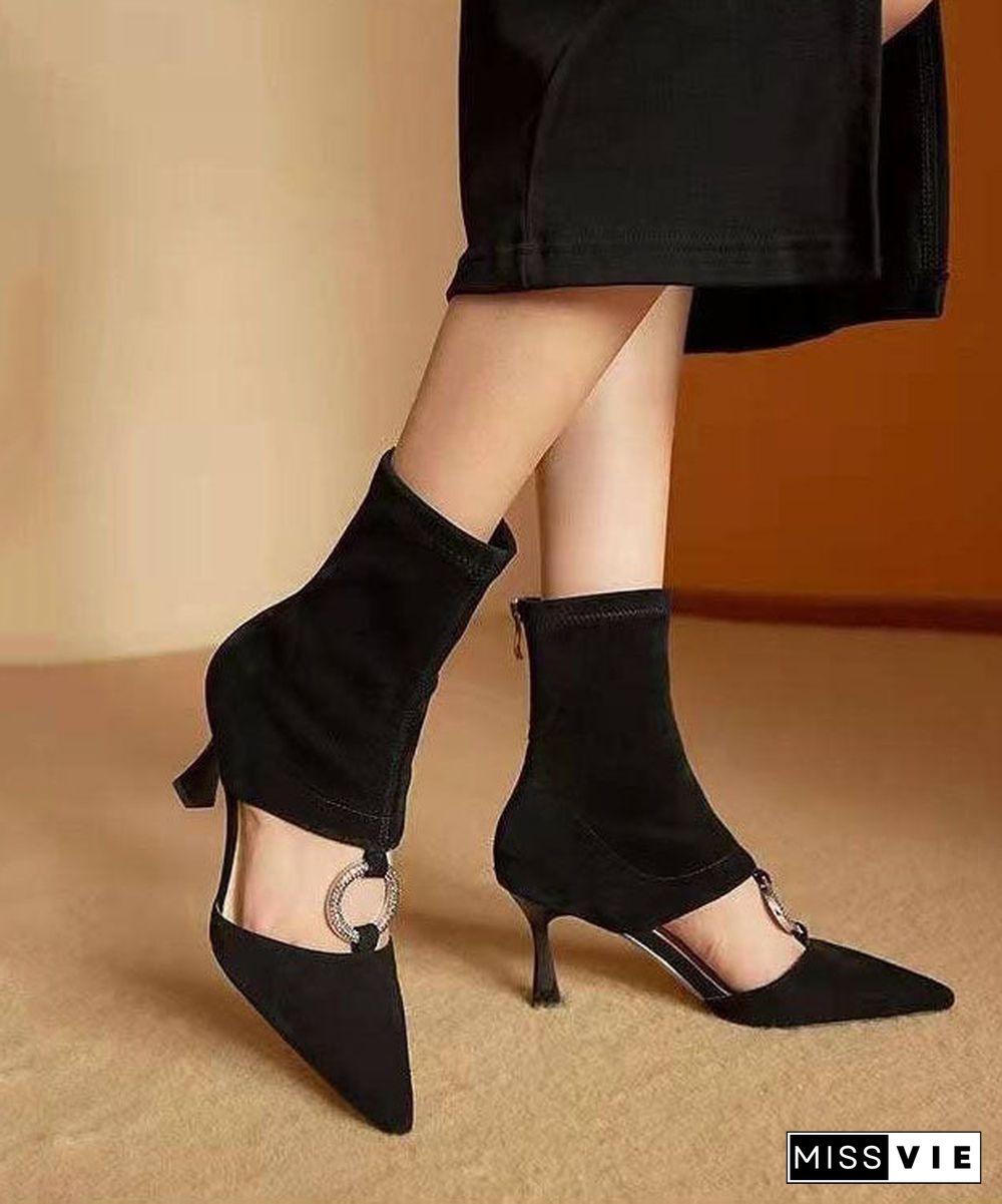 Art Splicing Zircon Hollow Out Pointed Toe Boots Black Suede