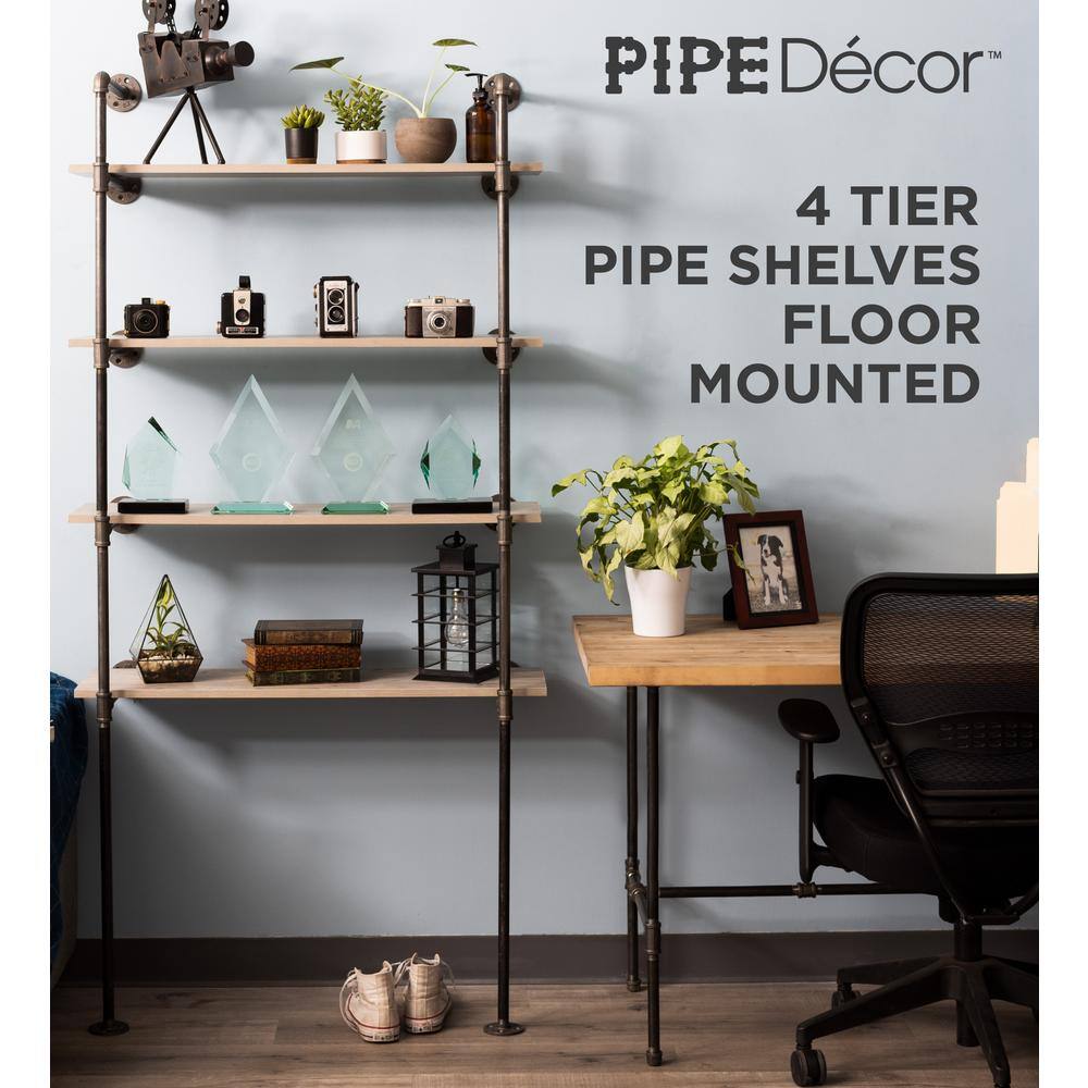 PIPE DECOR 12 in. Black Steel Pipe 11.75 in. D x 72.5 in. H Floor Mounted 4-Tier Shelf Kit 365 PD4TIERFLMT