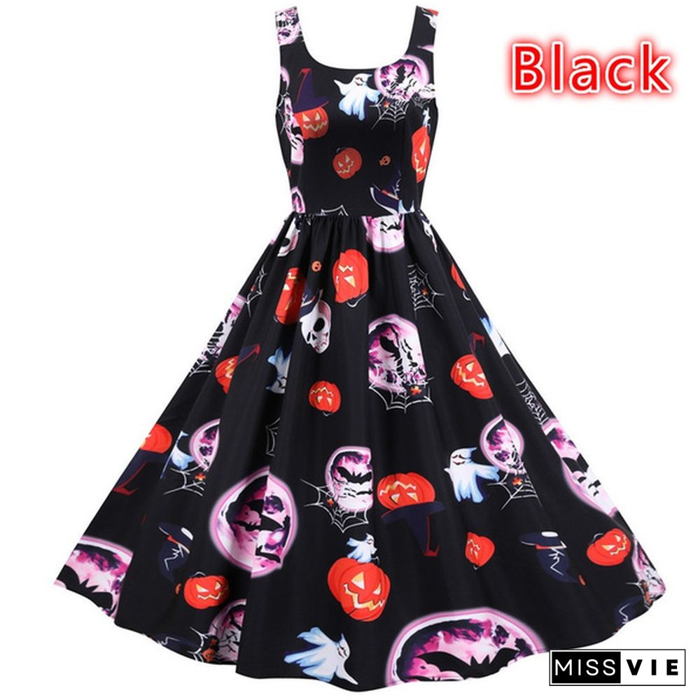 Women Halloween Party Dress Sleeveless Skull Pumpkin Printed Swing Dress